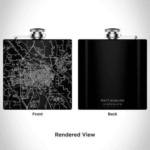 Rendered View of Hattiesburg Mississippi Map Engraving on 6oz Stainless Steel Flask in Black