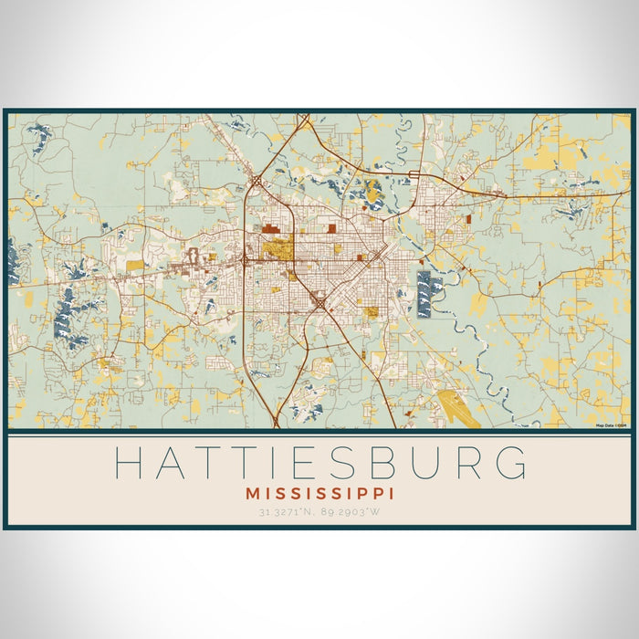 Hattiesburg Mississippi Map Print Landscape Orientation in Woodblock Style With Shaded Background