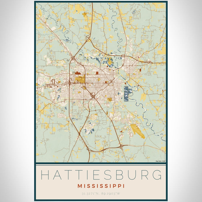 Hattiesburg Mississippi Map Print Portrait Orientation in Woodblock Style With Shaded Background