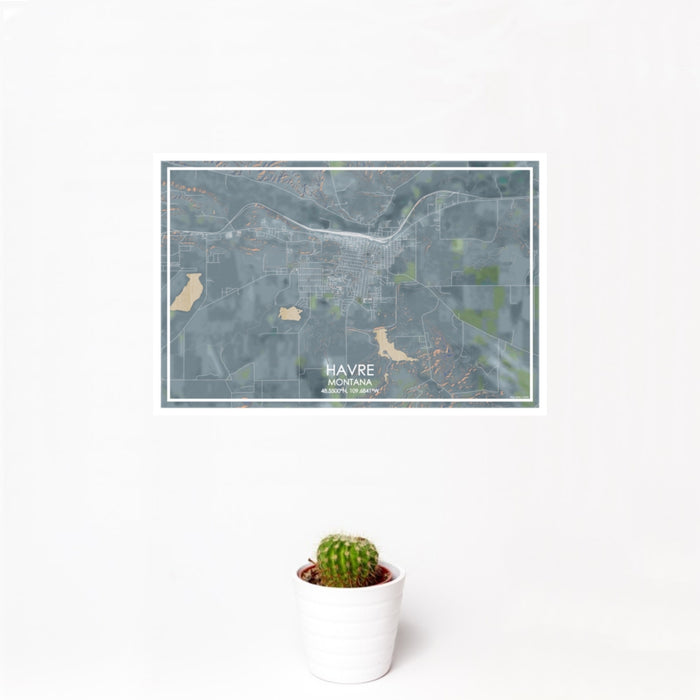 12x18 Havre Montana Map Print Landscape Orientation in Afternoon Style With Small Cactus Plant in White Planter