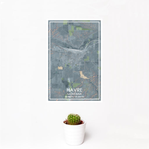 12x18 Havre Montana Map Print Portrait Orientation in Afternoon Style With Small Cactus Plant in White Planter