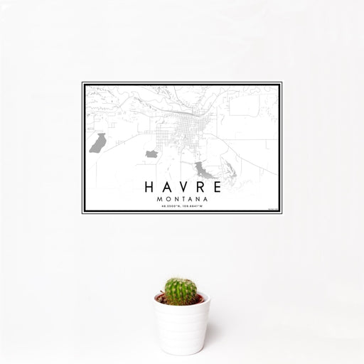12x18 Havre Montana Map Print Landscape Orientation in Classic Style With Small Cactus Plant in White Planter