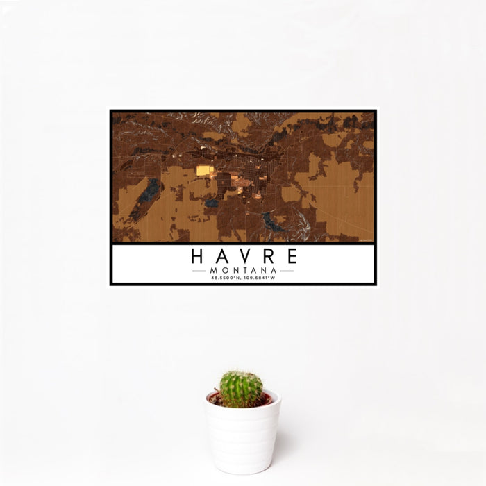 12x18 Havre Montana Map Print Landscape Orientation in Ember Style With Small Cactus Plant in White Planter