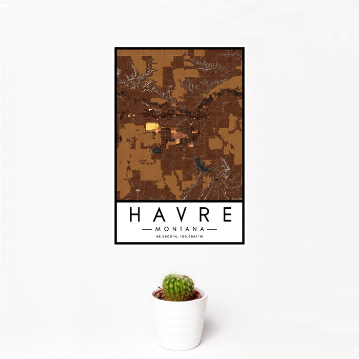 12x18 Havre Montana Map Print Portrait Orientation in Ember Style With Small Cactus Plant in White Planter