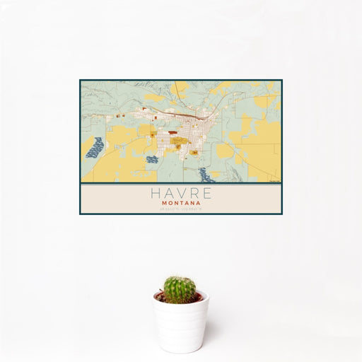12x18 Havre Montana Map Print Landscape Orientation in Woodblock Style With Small Cactus Plant in White Planter