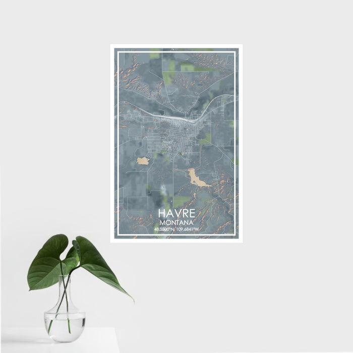 16x24 Havre Montana Map Print Portrait Orientation in Afternoon Style With Tropical Plant Leaves in Water