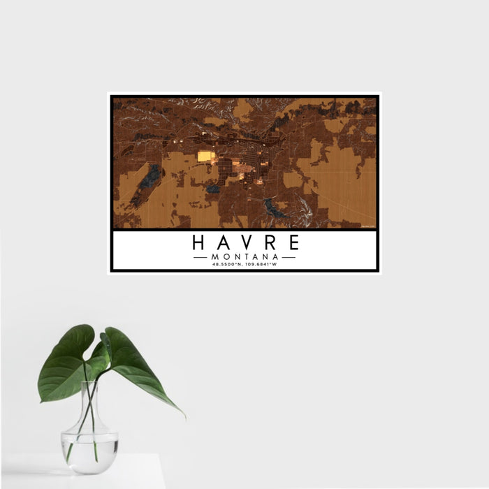 16x24 Havre Montana Map Print Landscape Orientation in Ember Style With Tropical Plant Leaves in Water