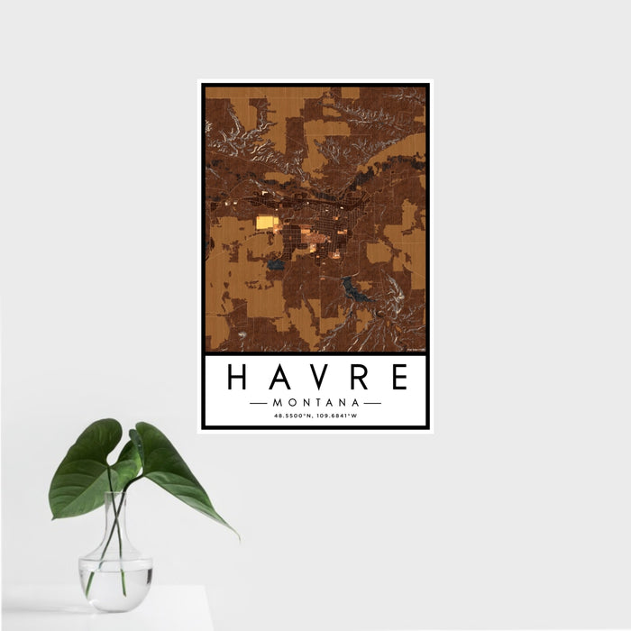 16x24 Havre Montana Map Print Portrait Orientation in Ember Style With Tropical Plant Leaves in Water