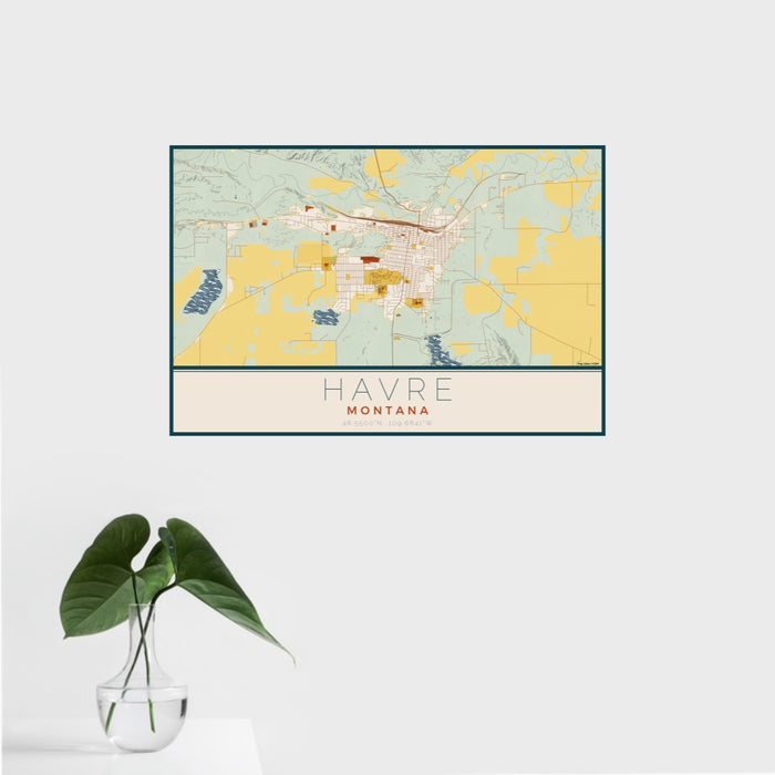 16x24 Havre Montana Map Print Landscape Orientation in Woodblock Style With Tropical Plant Leaves in Water