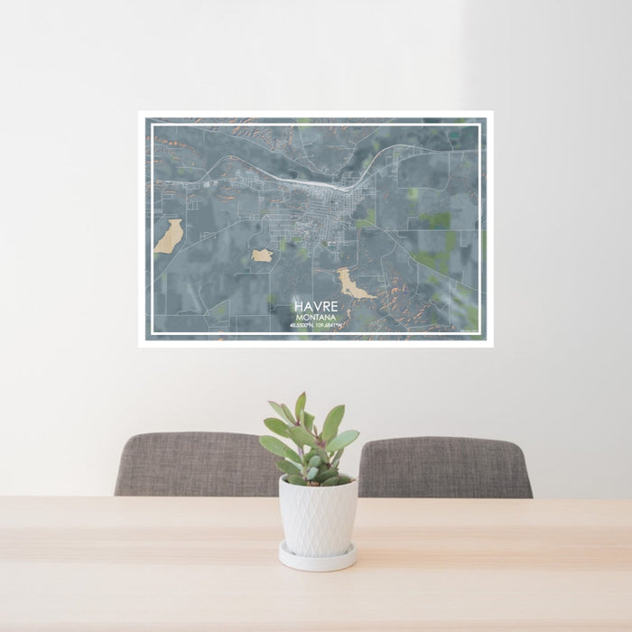 24x36 Havre Montana Map Print Lanscape Orientation in Afternoon Style Behind 2 Chairs Table and Potted Plant