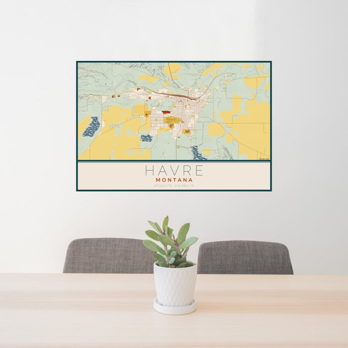 24x36 Havre Montana Map Print Lanscape Orientation in Woodblock Style Behind 2 Chairs Table and Potted Plant