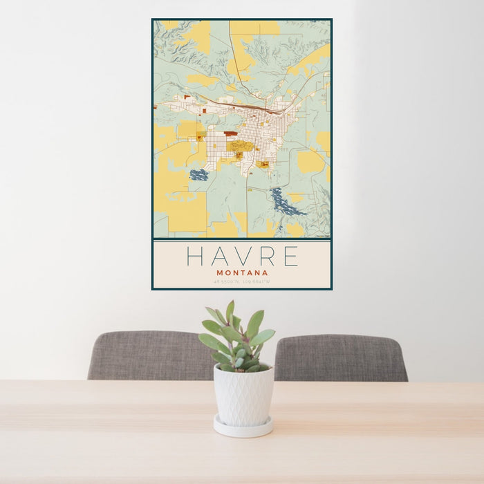 24x36 Havre Montana Map Print Portrait Orientation in Woodblock Style Behind 2 Chairs Table and Potted Plant