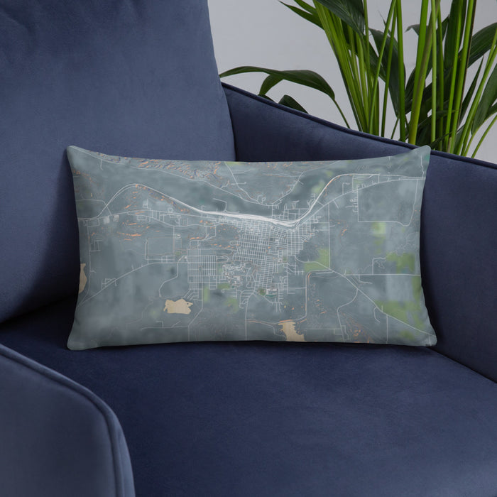 Custom Havre Montana Map Throw Pillow in Afternoon on Blue Colored Chair