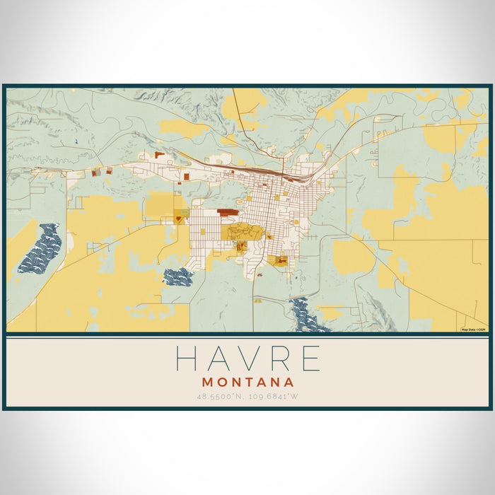 Havre Montana Map Print Landscape Orientation in Woodblock Style With Shaded Background