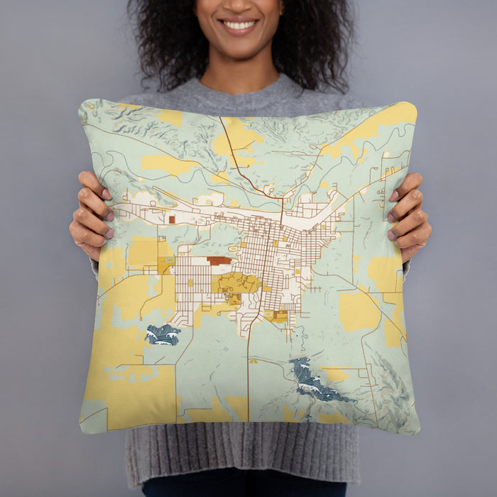 Person holding 18x18 Custom Havre Montana Map Throw Pillow in Woodblock