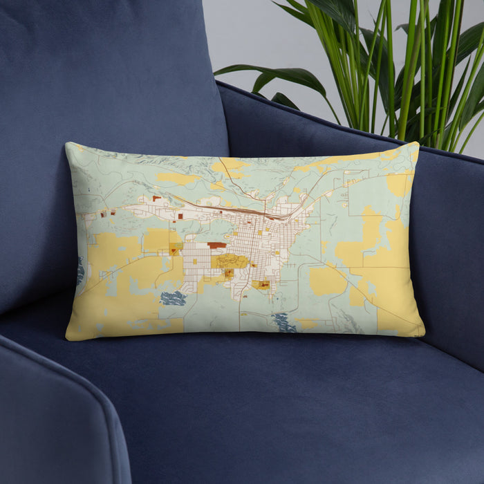 Custom Havre Montana Map Throw Pillow in Woodblock on Blue Colored Chair