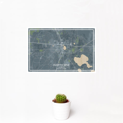 12x18 Hawthorne Florida Map Print Landscape Orientation in Afternoon Style With Small Cactus Plant in White Planter