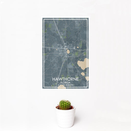 12x18 Hawthorne Florida Map Print Portrait Orientation in Afternoon Style With Small Cactus Plant in White Planter