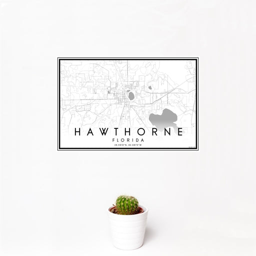 12x18 Hawthorne Florida Map Print Landscape Orientation in Classic Style With Small Cactus Plant in White Planter
