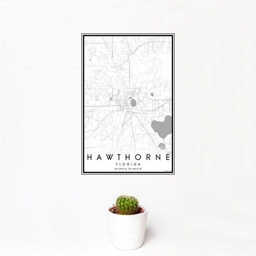 12x18 Hawthorne Florida Map Print Portrait Orientation in Classic Style With Small Cactus Plant in White Planter