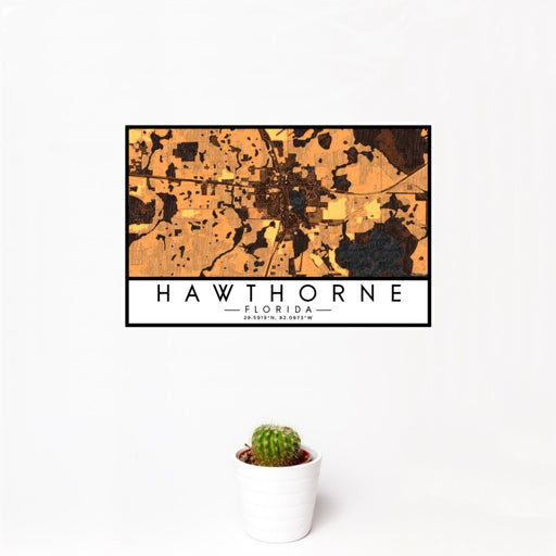 12x18 Hawthorne Florida Map Print Landscape Orientation in Ember Style With Small Cactus Plant in White Planter
