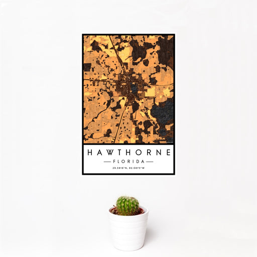 12x18 Hawthorne Florida Map Print Portrait Orientation in Ember Style With Small Cactus Plant in White Planter