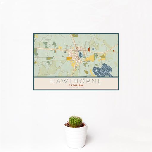12x18 Hawthorne Florida Map Print Landscape Orientation in Woodblock Style With Small Cactus Plant in White Planter