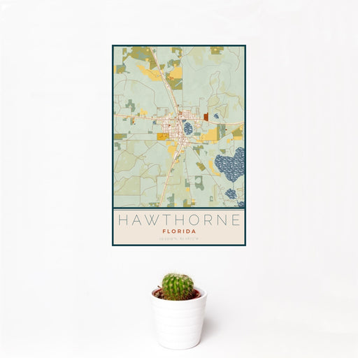 12x18 Hawthorne Florida Map Print Portrait Orientation in Woodblock Style With Small Cactus Plant in White Planter