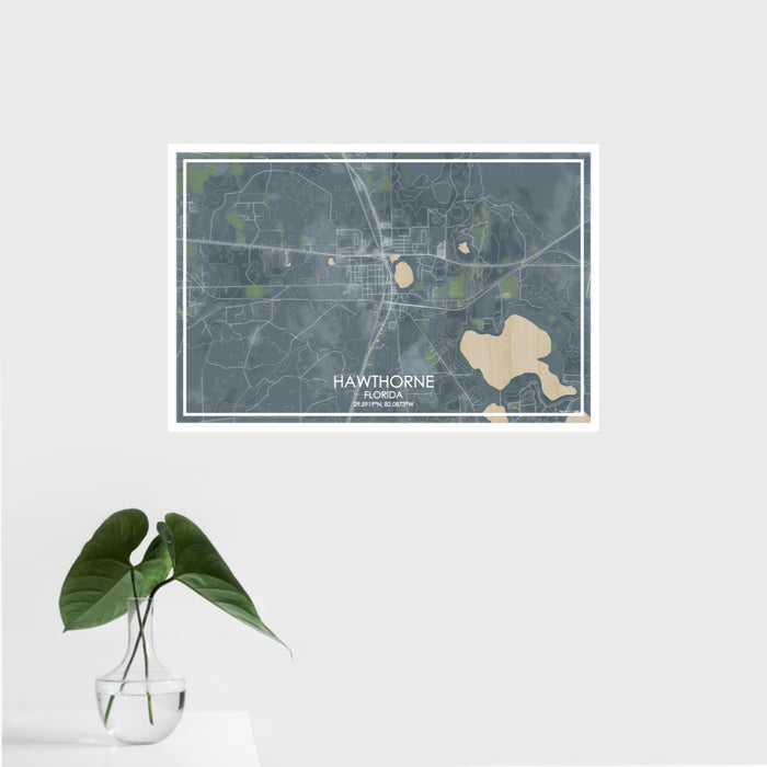 16x24 Hawthorne Florida Map Print Landscape Orientation in Afternoon Style With Tropical Plant Leaves in Water