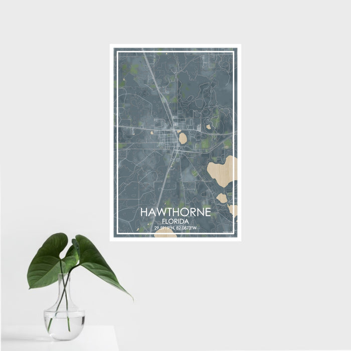 16x24 Hawthorne Florida Map Print Portrait Orientation in Afternoon Style With Tropical Plant Leaves in Water