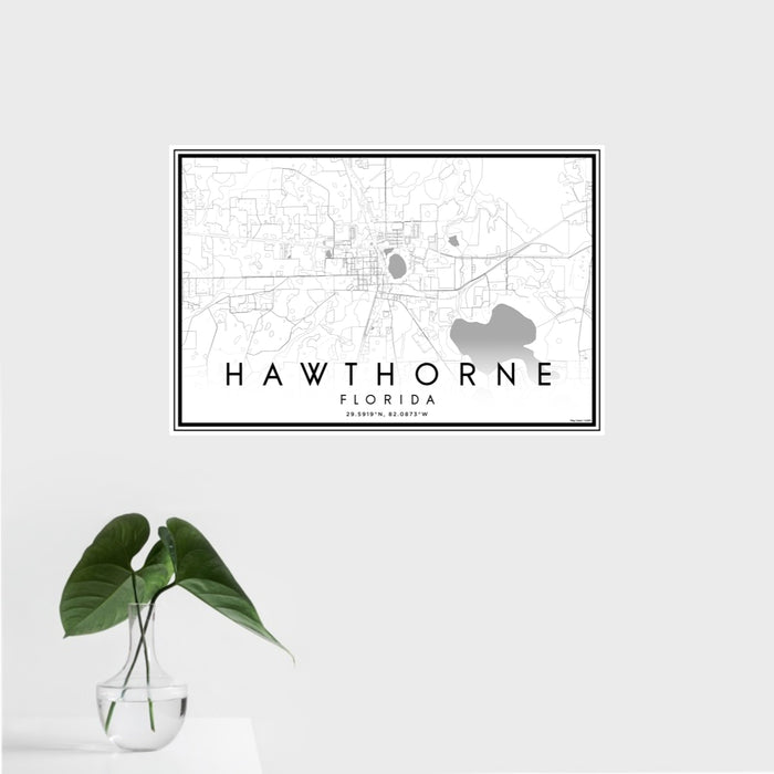 16x24 Hawthorne Florida Map Print Landscape Orientation in Classic Style With Tropical Plant Leaves in Water