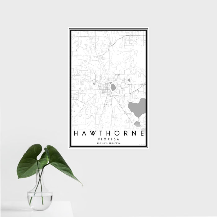 16x24 Hawthorne Florida Map Print Portrait Orientation in Classic Style With Tropical Plant Leaves in Water