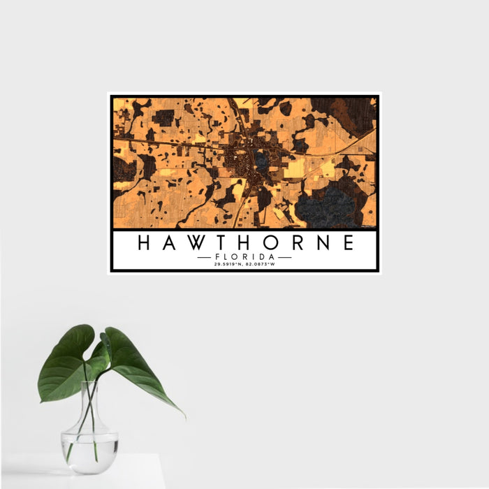 16x24 Hawthorne Florida Map Print Landscape Orientation in Ember Style With Tropical Plant Leaves in Water