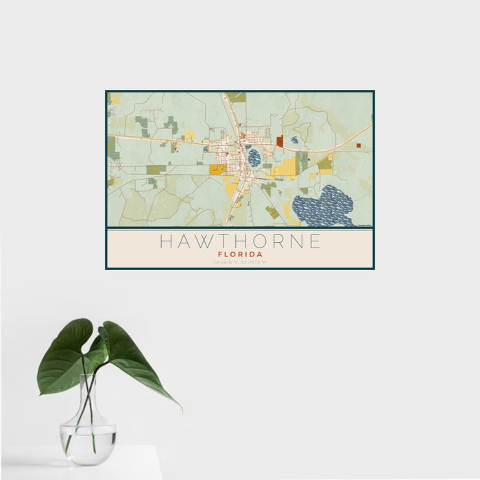 16x24 Hawthorne Florida Map Print Landscape Orientation in Woodblock Style With Tropical Plant Leaves in Water