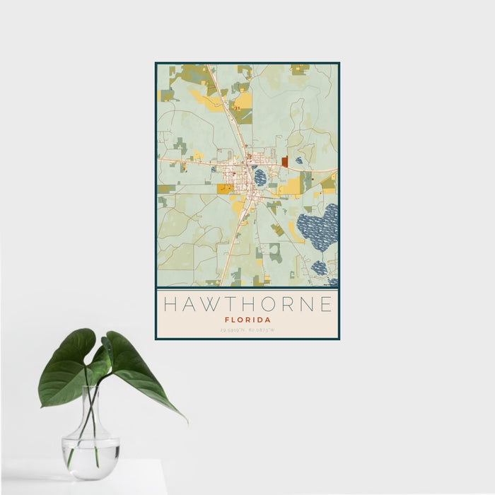 16x24 Hawthorne Florida Map Print Portrait Orientation in Woodblock Style With Tropical Plant Leaves in Water
