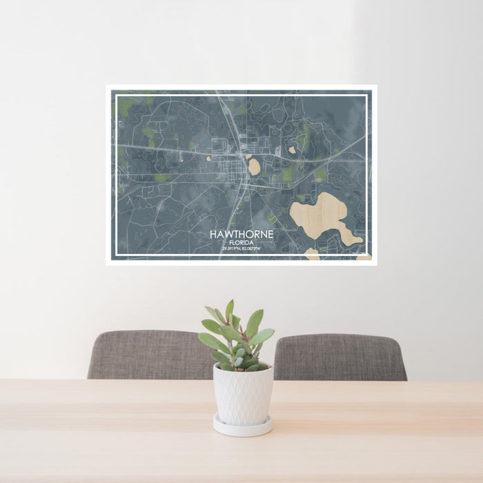 24x36 Hawthorne Florida Map Print Lanscape Orientation in Afternoon Style Behind 2 Chairs Table and Potted Plant