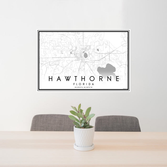 24x36 Hawthorne Florida Map Print Lanscape Orientation in Classic Style Behind 2 Chairs Table and Potted Plant