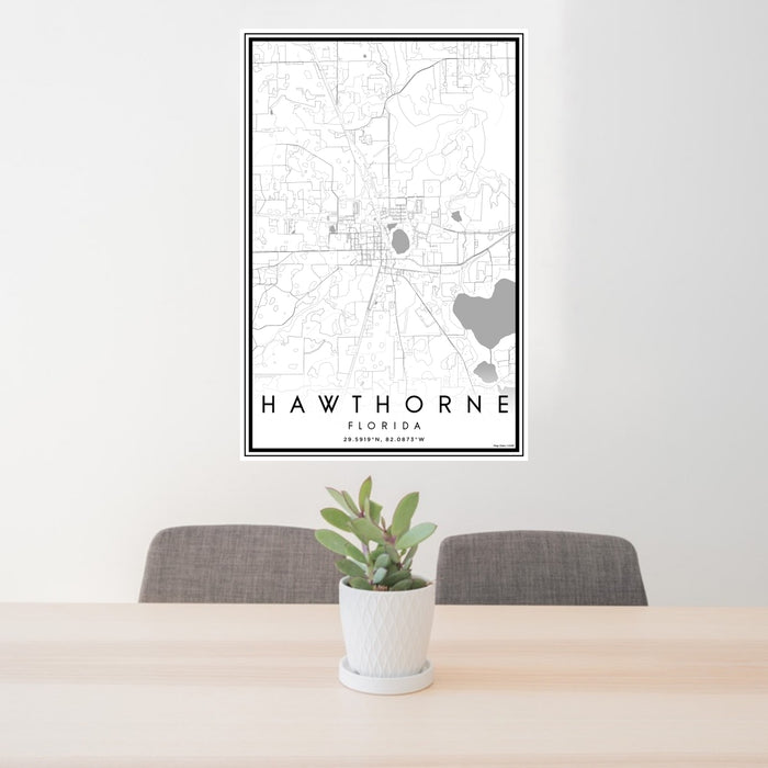 24x36 Hawthorne Florida Map Print Portrait Orientation in Classic Style Behind 2 Chairs Table and Potted Plant