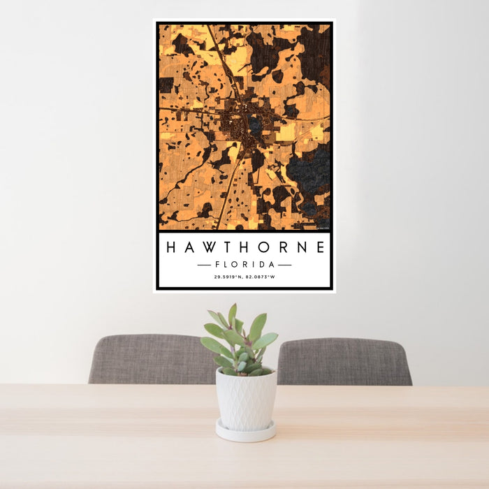 24x36 Hawthorne Florida Map Print Portrait Orientation in Ember Style Behind 2 Chairs Table and Potted Plant