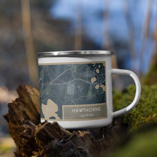 Right View Custom Hawthorne Florida Map Enamel Mug in Afternoon on Grass With Trees in Background