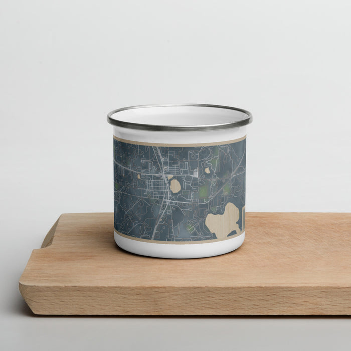 Front View Custom Hawthorne Florida Map Enamel Mug in Afternoon on Cutting Board