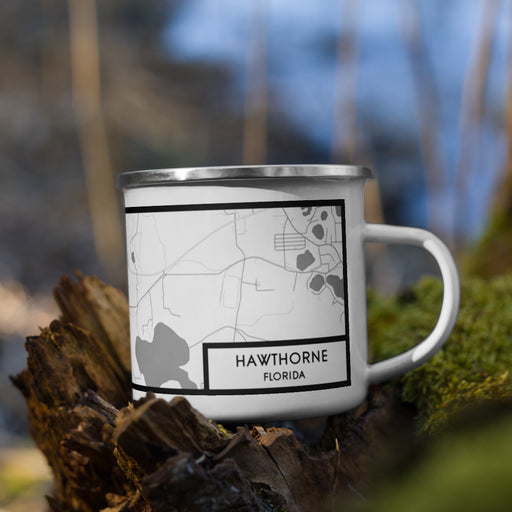 Right View Custom Hawthorne Florida Map Enamel Mug in Classic on Grass With Trees in Background
