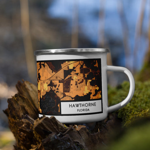 Right View Custom Hawthorne Florida Map Enamel Mug in Ember on Grass With Trees in Background