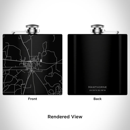 Rendered View of Hawthorne Florida Map Engraving on 6oz Stainless Steel Flask in Black