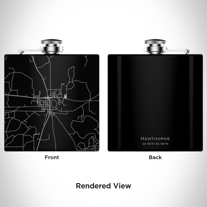 Rendered View of Hawthorne Florida Map Engraving on 6oz Stainless Steel Flask in Black