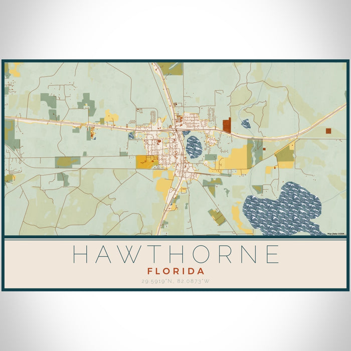 Hawthorne Florida Map Print Landscape Orientation in Woodblock Style With Shaded Background