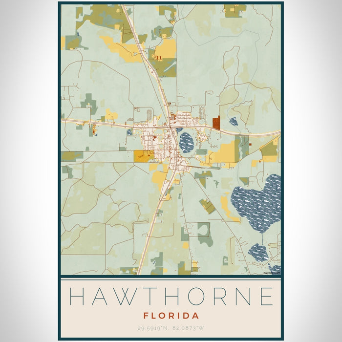 Hawthorne Florida Map Print Portrait Orientation in Woodblock Style With Shaded Background