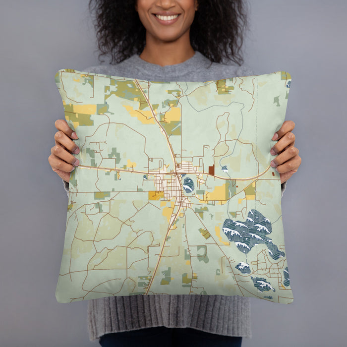 Person holding 18x18 Custom Hawthorne Florida Map Throw Pillow in Woodblock