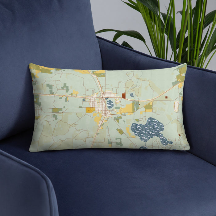 Custom Hawthorne Florida Map Throw Pillow in Woodblock on Blue Colored Chair