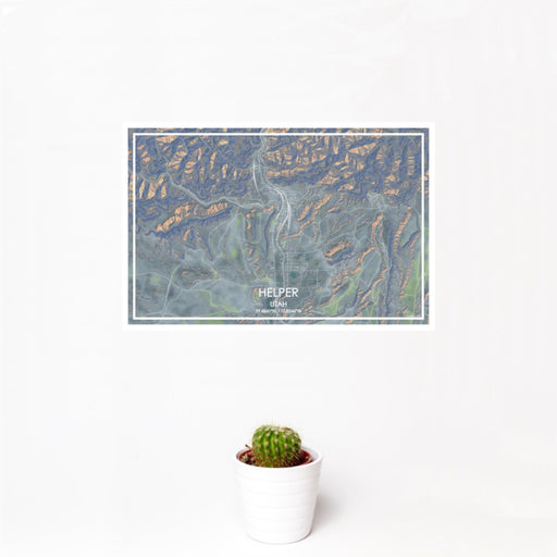 12x18 Helper Utah Map Print Landscape Orientation in Afternoon Style With Small Cactus Plant in White Planter